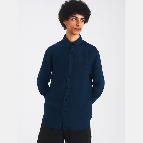 Aigle Lightweight Linen Shirts Men Navy ZA-58476